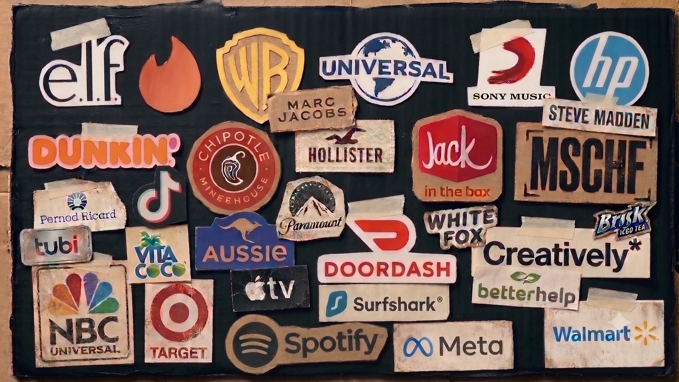 A cardboard board covered in taped-on brand logos including Meta, Warner Bros, Universal, Sony Music, HP, Marc Jacobs, Steve Madden, Dunkin, Chipotle, Hollister, Jack in the Box, MSCHF, Social Tourist, Paramount, Aussie, DoorDash, White Fox, Brisk, Creatively, BetterHelp, Tubi, Vita Coco, Apple TV, NBCUniversal, Target, Spotify, TikTok, and e.l.f.